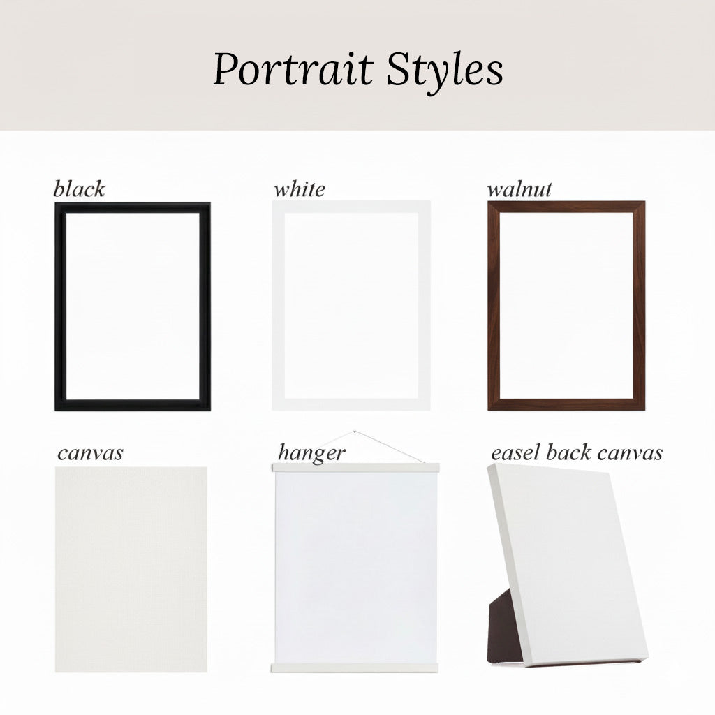 various portrait styles, including black, white, walnut, canvas, hanger, and easel back canvas, arranged in a grid format.