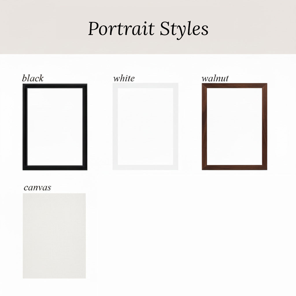 three different portrait styles, each with a different frame color and style, including black, white, and walnut frames.