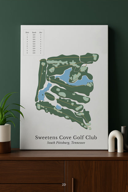 The image is a poster for the Sweetens Cove Golf Club in South Pittsburg, Tennessee. It features a map of the golf course with various hole details and a list of hole prices.