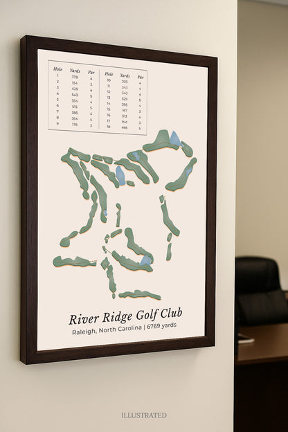The image is a framed illustration of a golf course map for the River Ridge Golf Club in Raleigh, North Carolina.