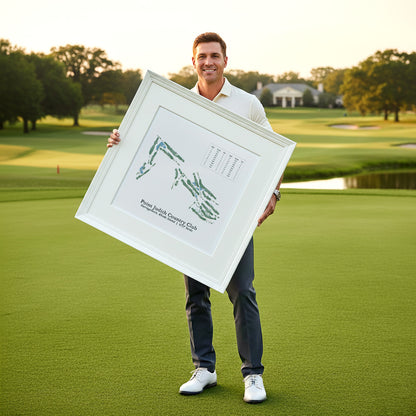 A man is standing on a golf course holding a framed picture of a golf course map.