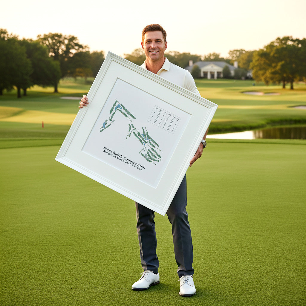 A man is standing on a golf course holding a framed picture of a golf course map.