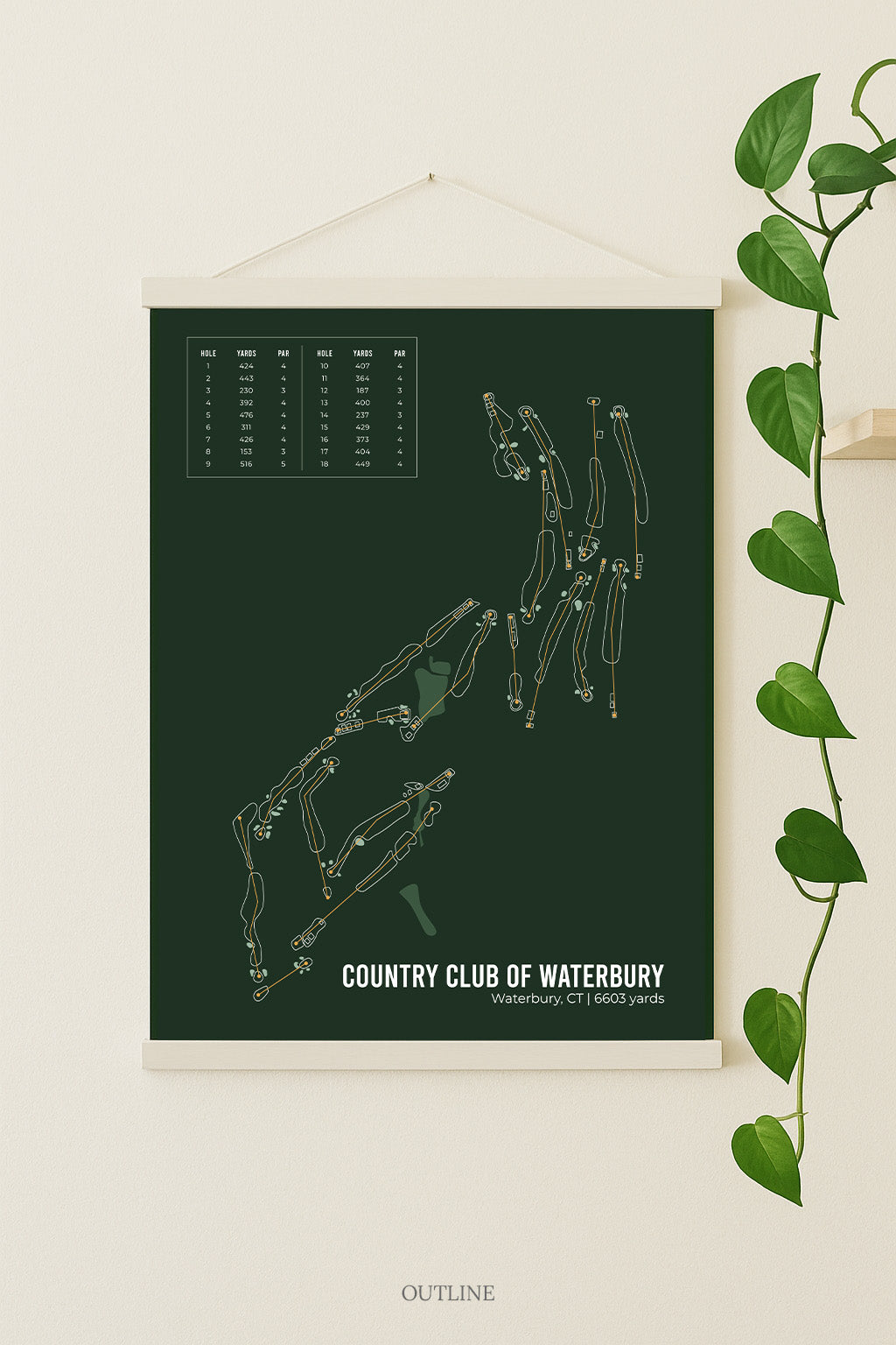 A poster of a golf course map hanging on a wall, with a plant to the right side.
