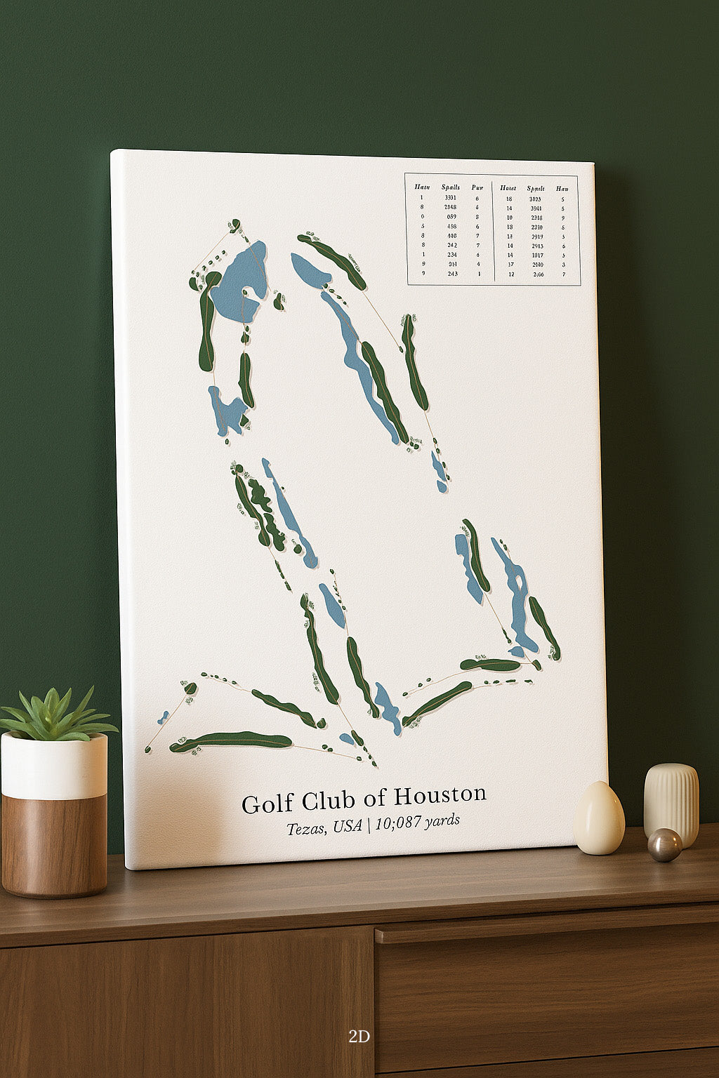 A golf course map of the Golf Club of Houston, Texas, USA, with a table of scores and distances for each hole.