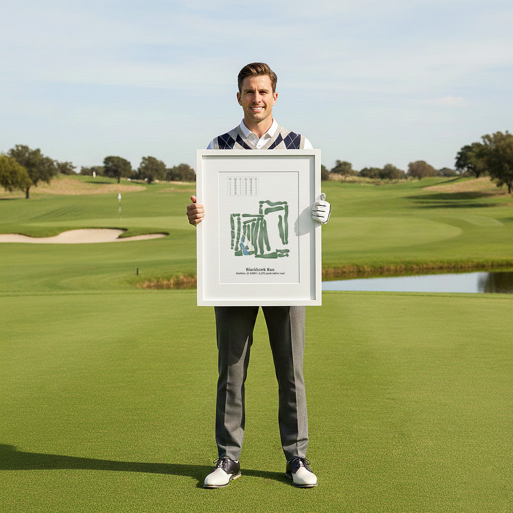 A man stands on a golf course holding a framed picture of the golf course.
