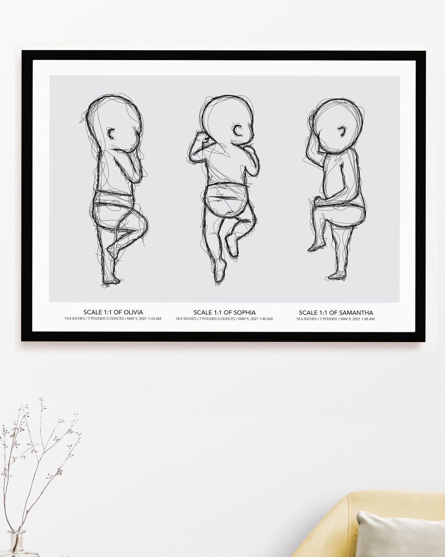 Triplets Sketch Birth Poster