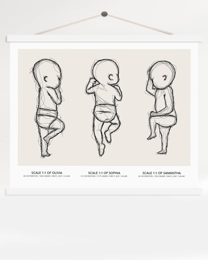 Triplets Sketch Birth Poster