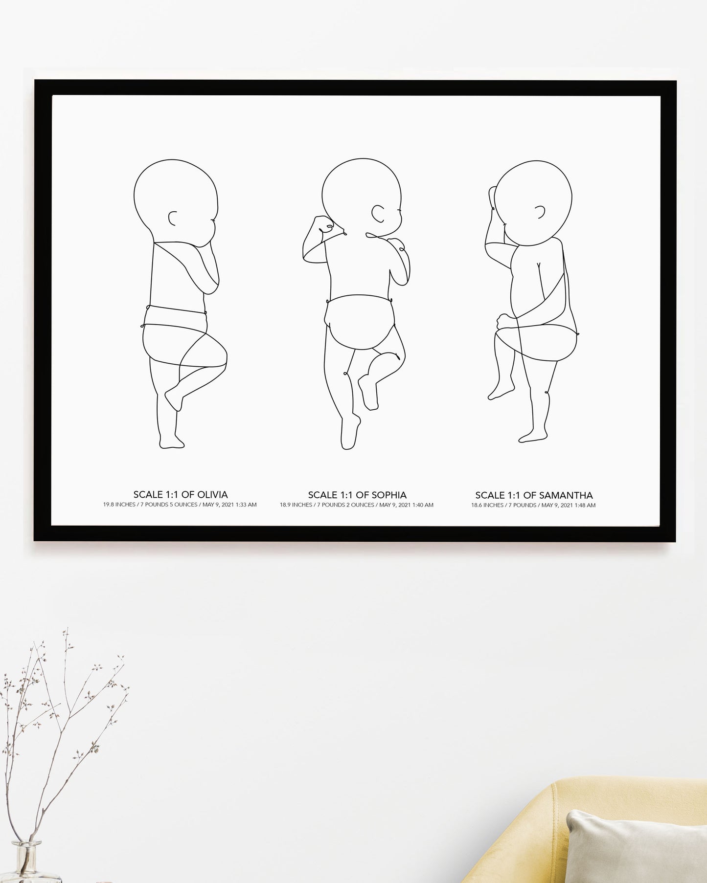 Custom Triplets Line Art Birth Poster