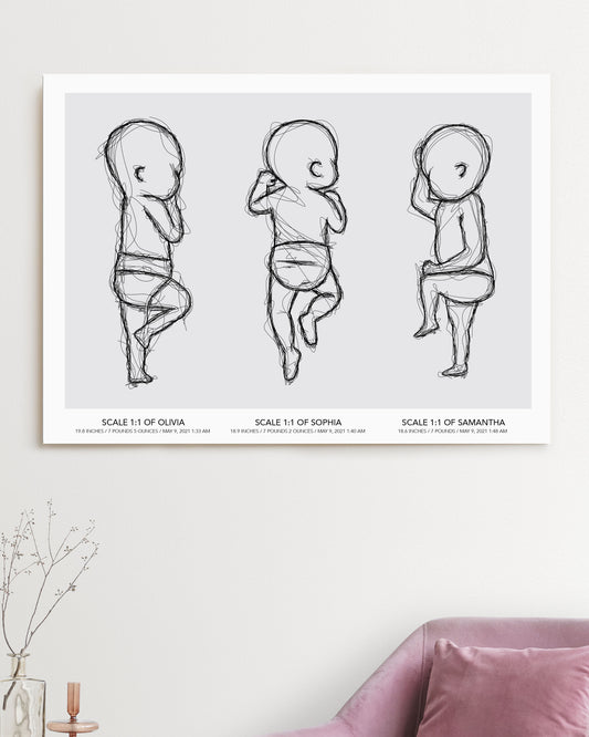 Triplets Sketch Birth Poster