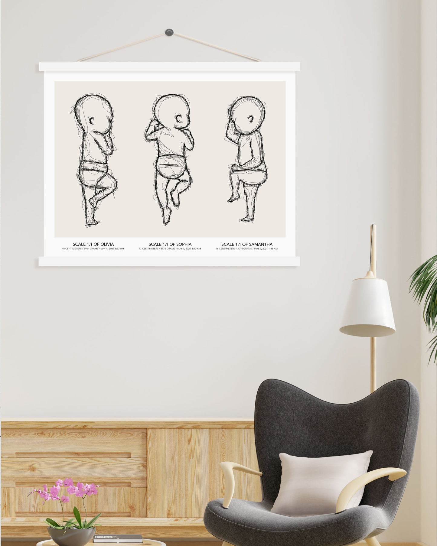 Triplets Sketch Birth Poster