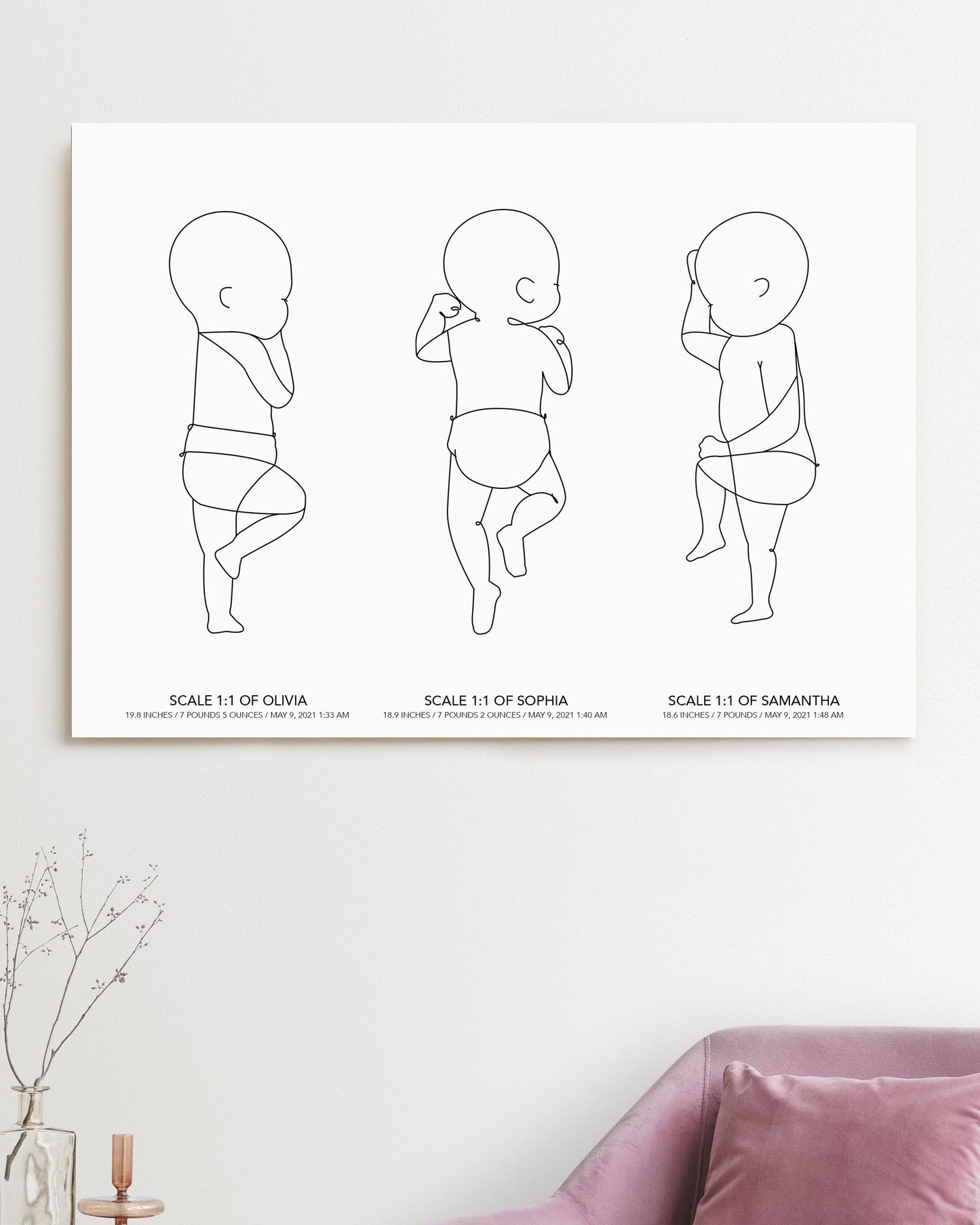 Custom Triplets Line Art Birth Poster