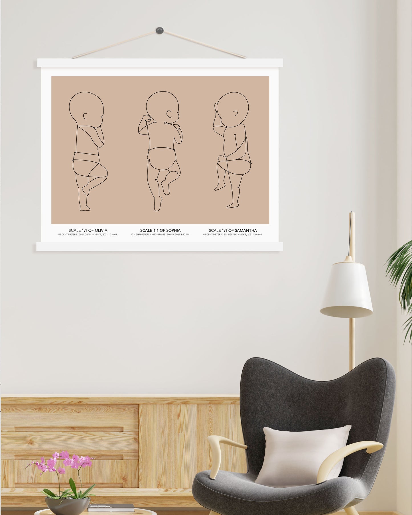 Custom Triplets Line Art Birth Poster